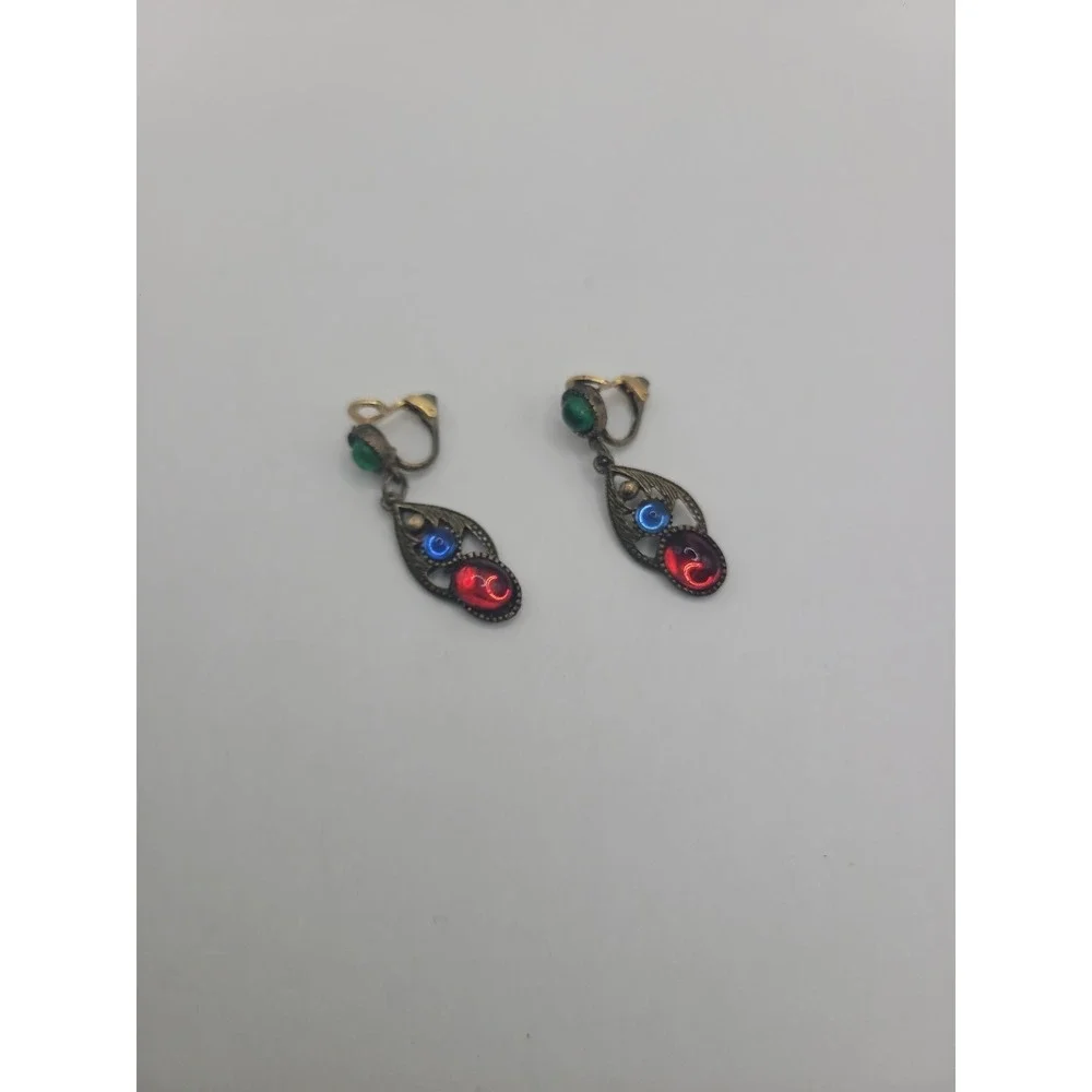 Vintage Multicolor Glass Cabochon Clip On Earrings Red Blue Green Gold Tone Dang